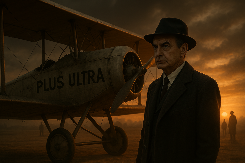 Hombre con sombrero junto a avión antiguo Plus Ultra