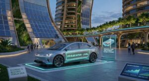 Coche eléctrico futurista en foro de ecología