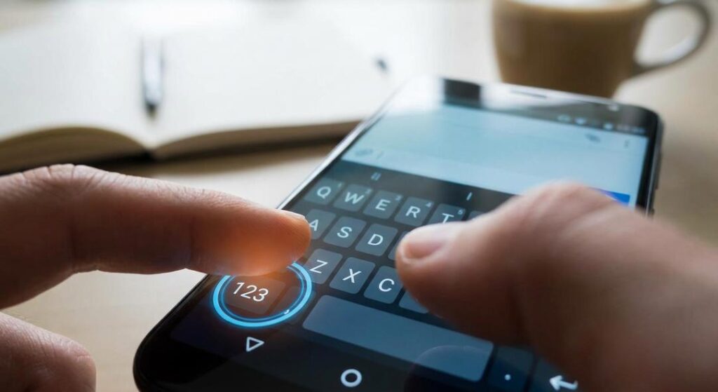 Manos escribiendo en teclado de smartphone