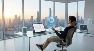 Hombre usando asistente IA en oficina moderna